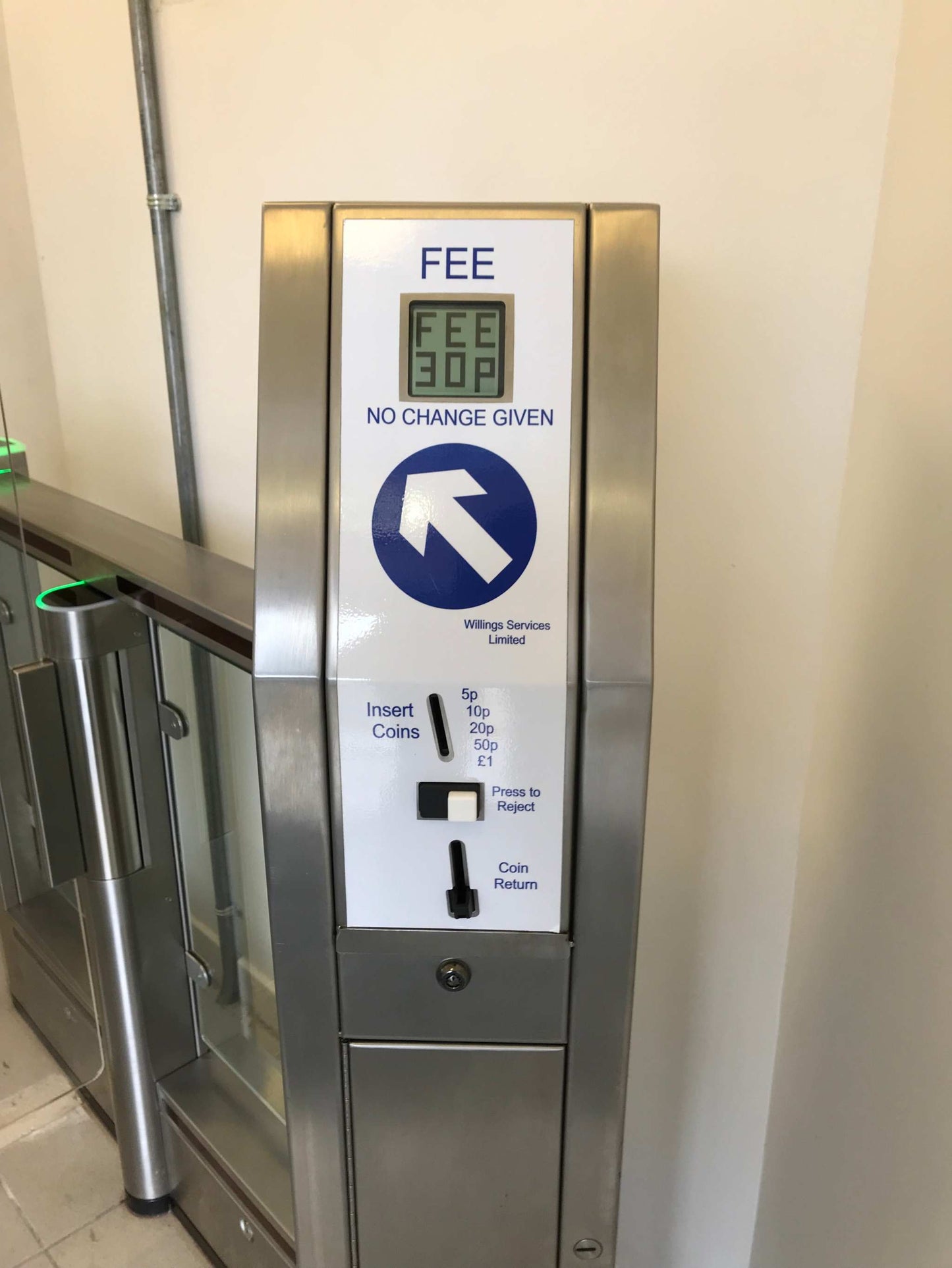 Evolve PG150 Coin Operated Speed Gate with fee display and coin slot.