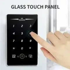 User interacting with a sleek glass touch panel PIN reader for secure access control.