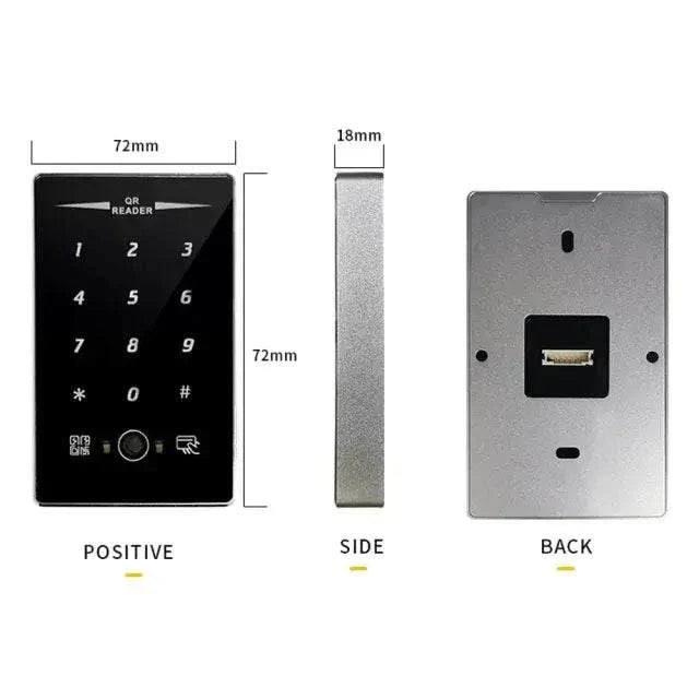 Evolve IP65 QR and PIN Reader showing front, side, and back views with dimensions, ideal for secure access solutions.
