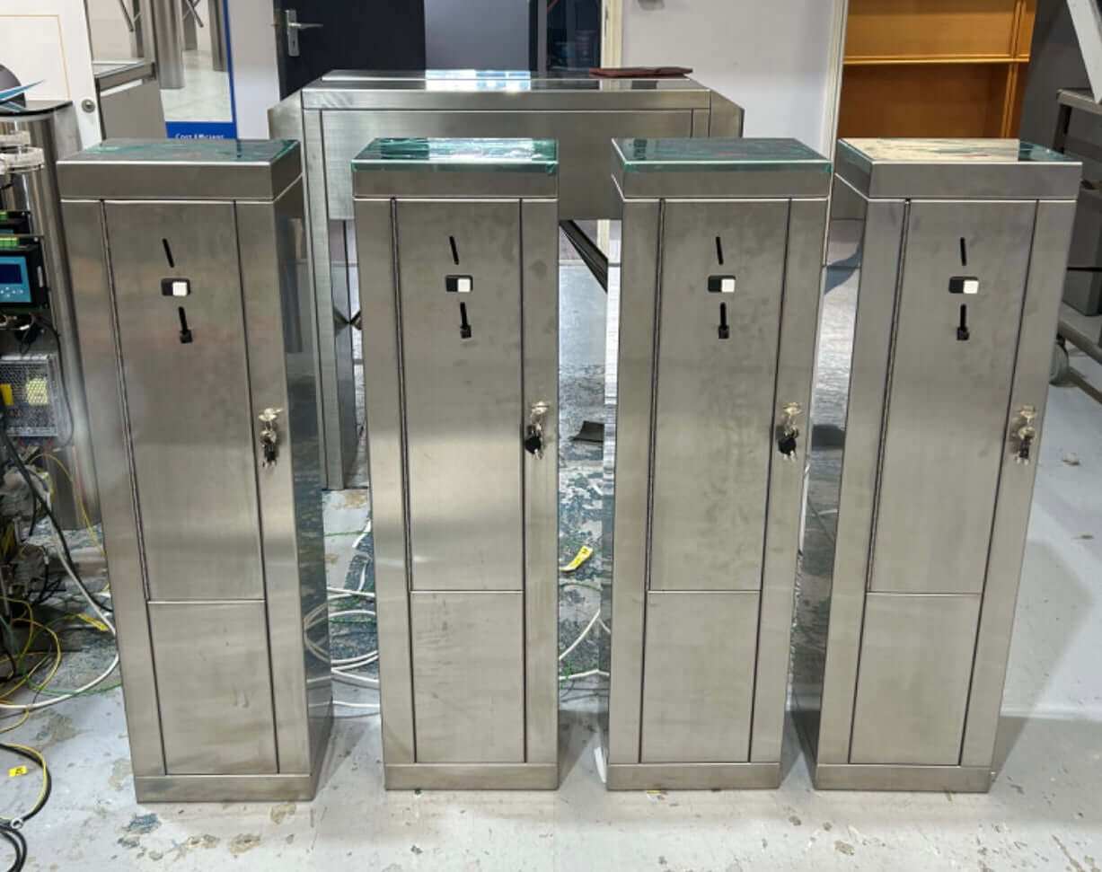 Revenue Collection Pod - Evolve UK showcasing stainless steel coin handling units for entrance control.