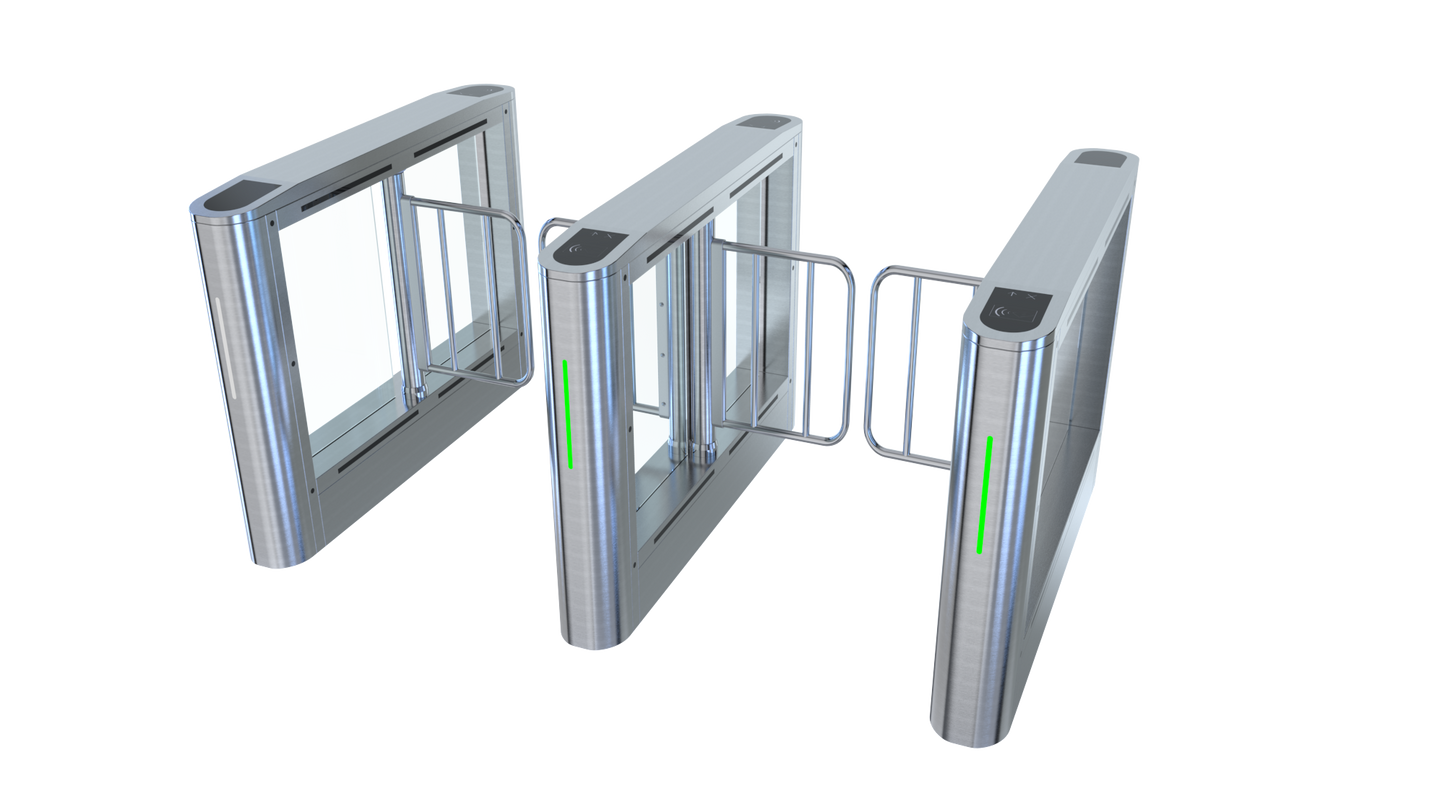 Evolve ES200 External Speed Lane Gate with stainless steel finish and Plexiglas panels.