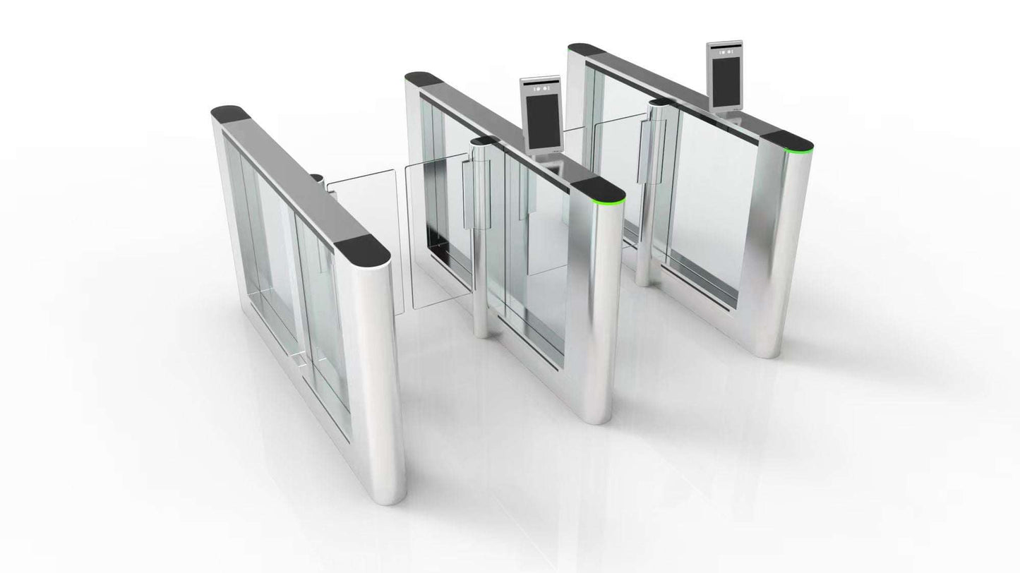 PG127 Speed Lane Gate with transparent design and stainless steel finish for secure pedestrian access.