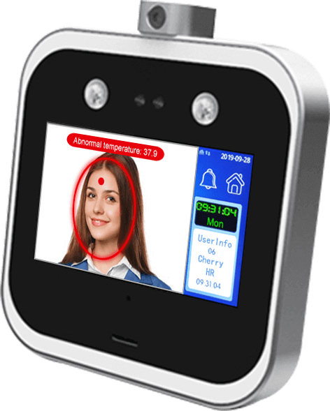 Evolve UK - Face Recognition Access Control device showing user information and temperature readings on the screen.