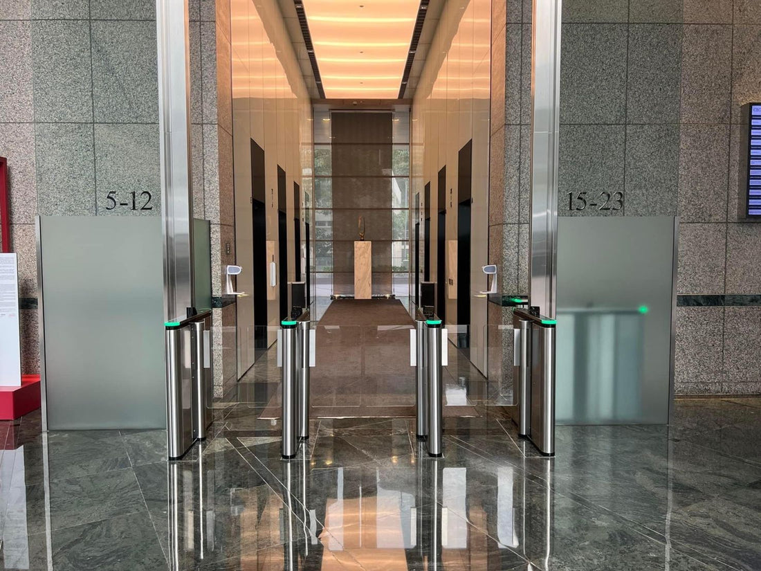 Planning a Speed Gate Installation with sleek turnstiles in a modern building entrance.