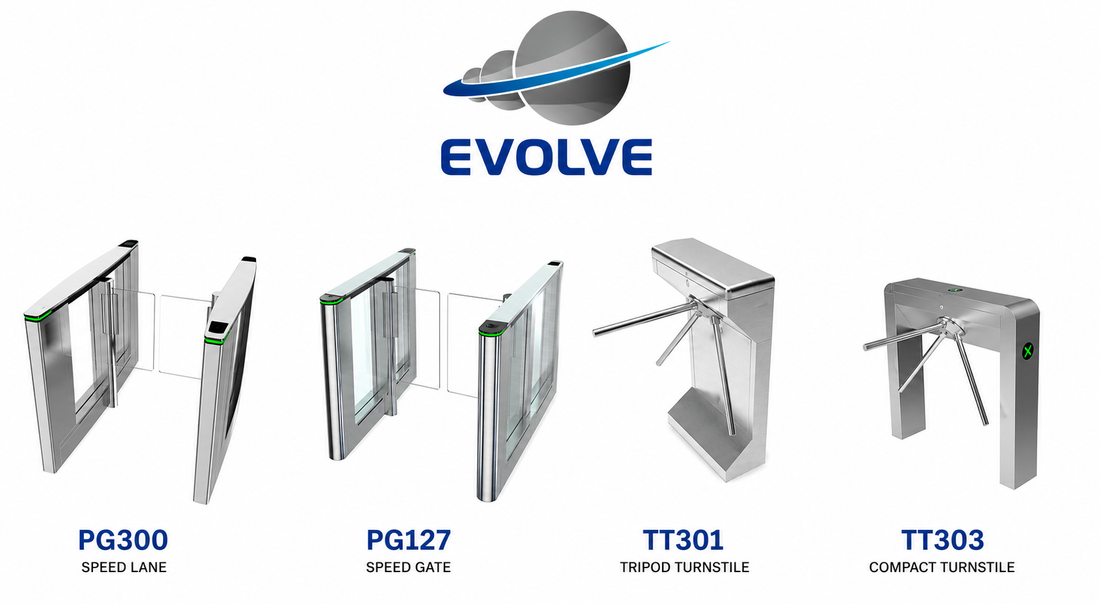Speed Gates & Tripod Turnstiles Now Available from UK Stock featuring PG300, PG127, TT301, and TT303 models.