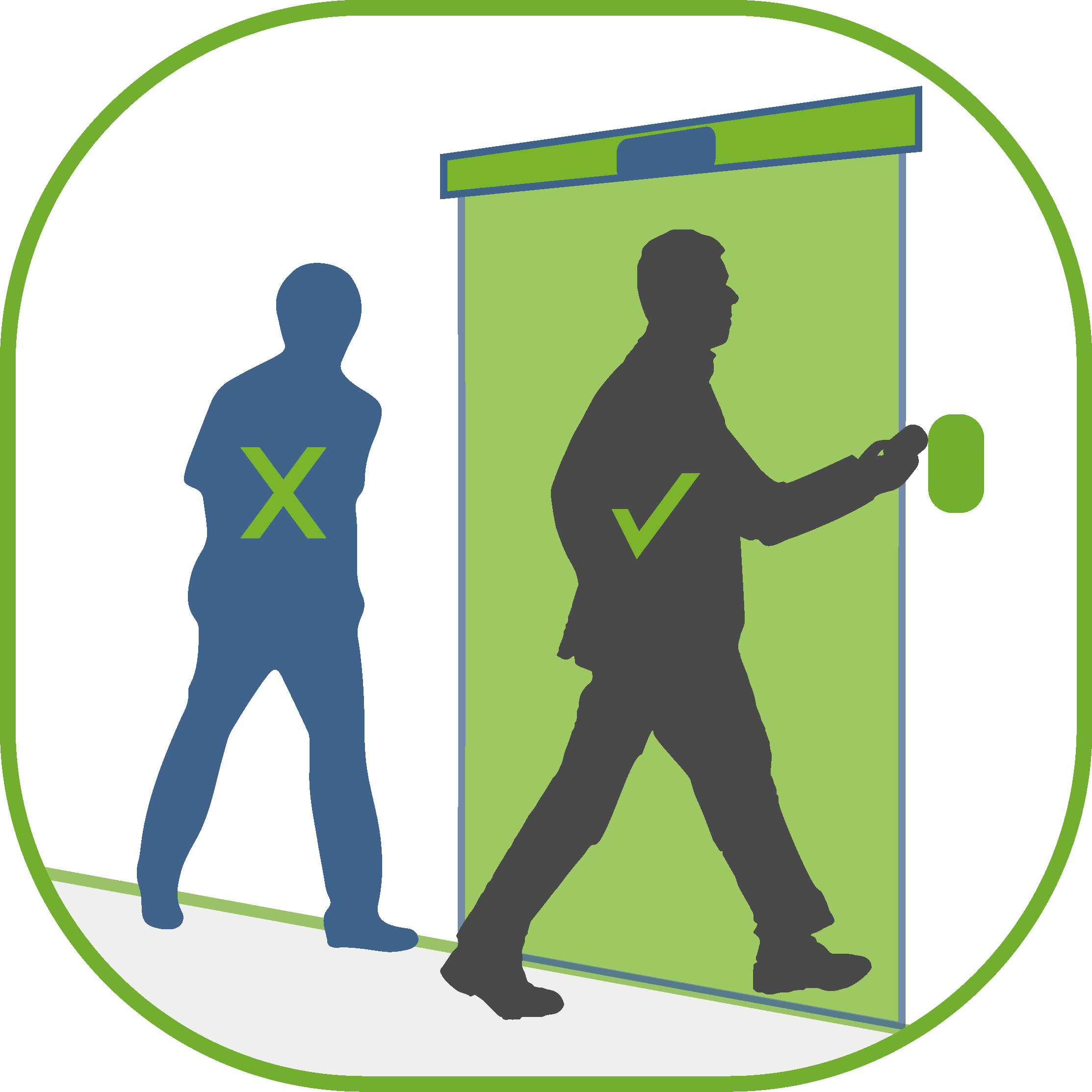 Evolve UK - 3D Tailgating Camera illustration showing correct and incorrect tailgating behavior at a door.