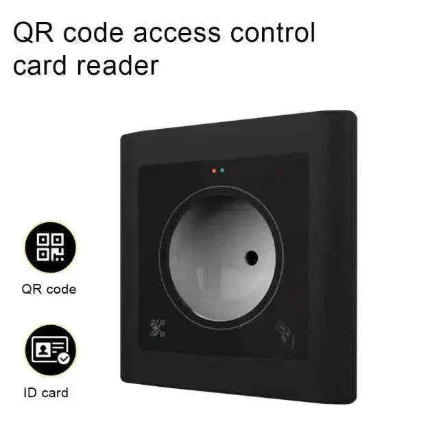 QR code and RFID card reader for access control, featuring NFC technology and a sleek black design.