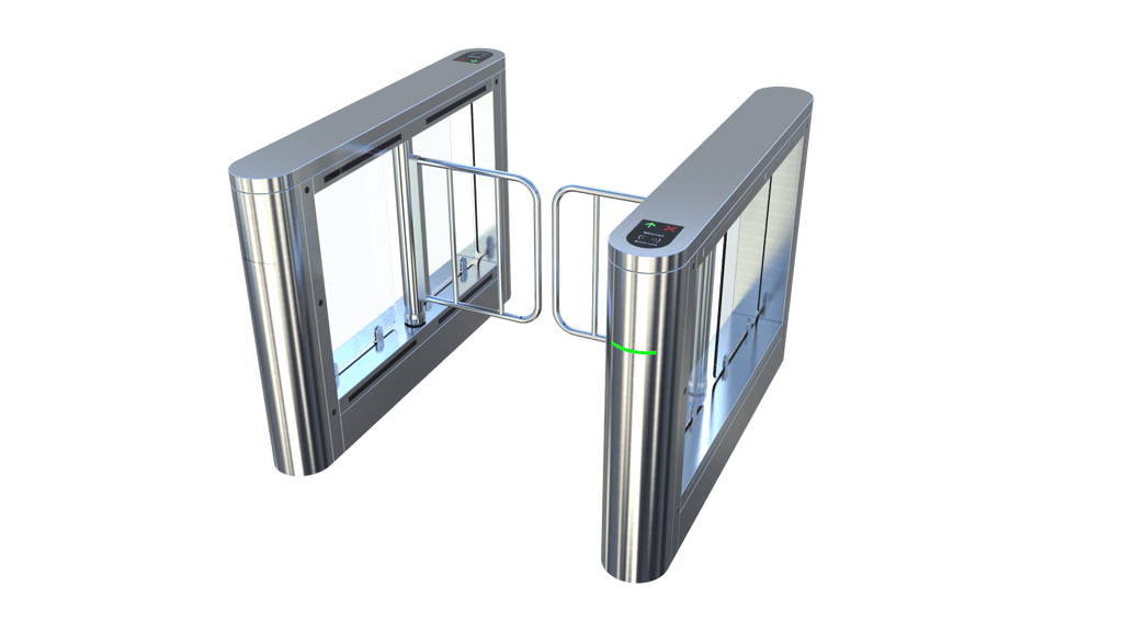 ES200 External Speed Gate for outdoor pedestrian access control, featuring sleek stainless steel design.