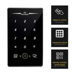 Evolve IP65 QR + Pin Reader Access Control Evolve IP65 QR and PIN reader displaying keypad with swipe, password unlock, and multiple symbology identification features.