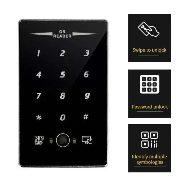 Evolve IP65 QR + Pin Reader Access Control Evolve IP65 QR and PIN reader displaying keypad with swipe, password unlock, and multiple symbology identification features.