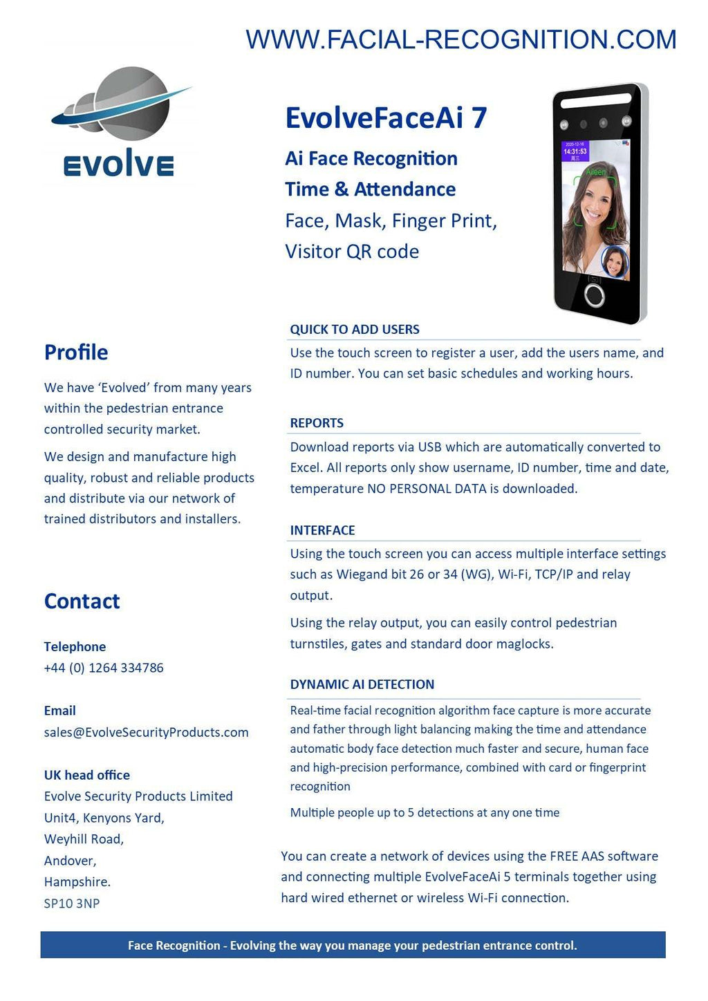EvolveFaceAI 7 - Finger & Face Recognition Access Control