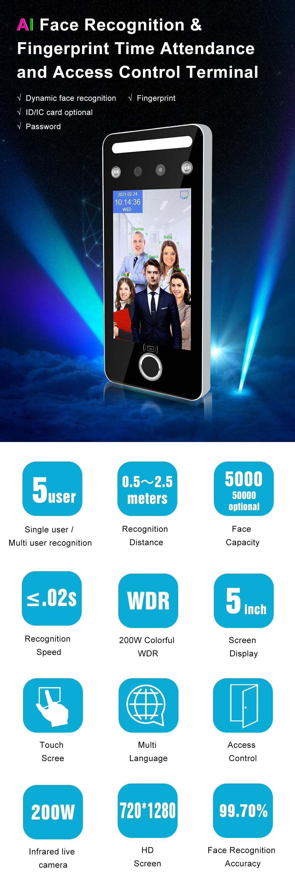 EvolveFaceAI 7 - Finger & Face Recognition Access Control